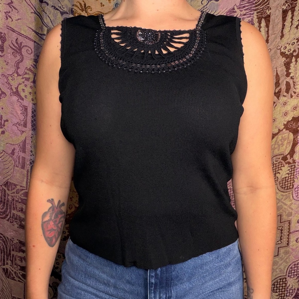 VTG Whimsigoth Black Thick Strap Beaded Sequin Crochet Celestial Tank Top Size S